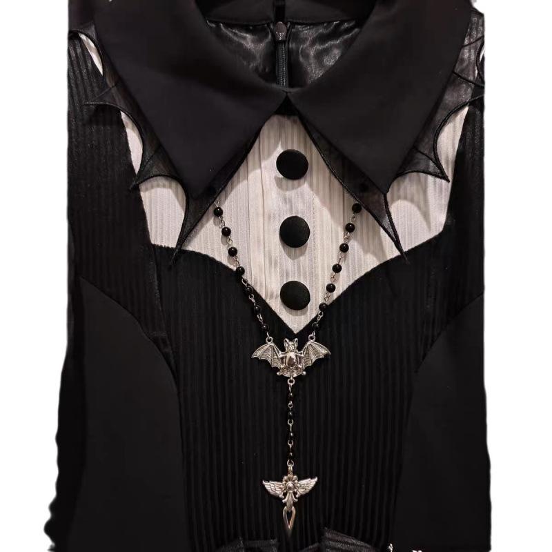 Gothic Retro Vampire Bat Cross Necklace with Black Beaded Chain