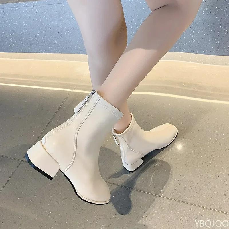 2025 Autumn/Winter New Square Zipper Women's Retro Short Boots with Middle Heel and Ankle Fashion Elastic Socks Women's Boots