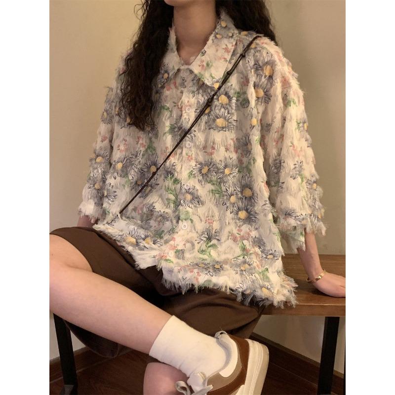 Women's Thin Tassel Short Sleeved Blouses Loose American Retro Casual Blouse Female's Summer Turn-down Collar Clothing