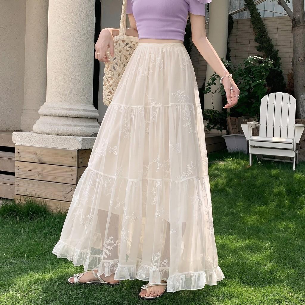 Qooth Lace Embroidered Tulle Maxi Skirt High-Waist Slimming A-Line Tiered Cake Skirt Fairy Full Flare Summer QT2914