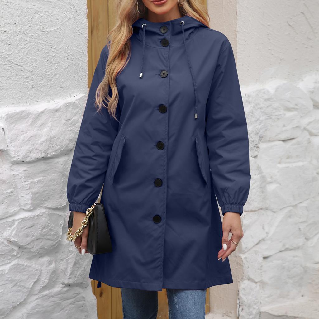 Women's Fashionable Solid Color Hooded Long Sleeved Zipper Pocket Waterproof Windbreaker Loose Trench Coat Jacket