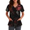 Women V Neck Short Sleeve Scrub Top with Pockets Halloween Themed Printed Work Uniform for Nurses and Caregivers