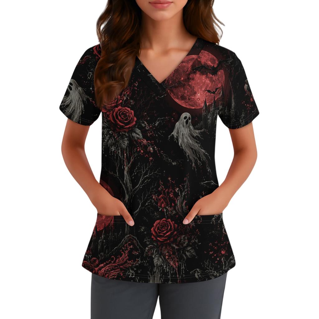 Women V Neck Short Sleeve Scrub Top with Pockets Halloween Themed Printed Work Uniform for Nurses and Caregivers