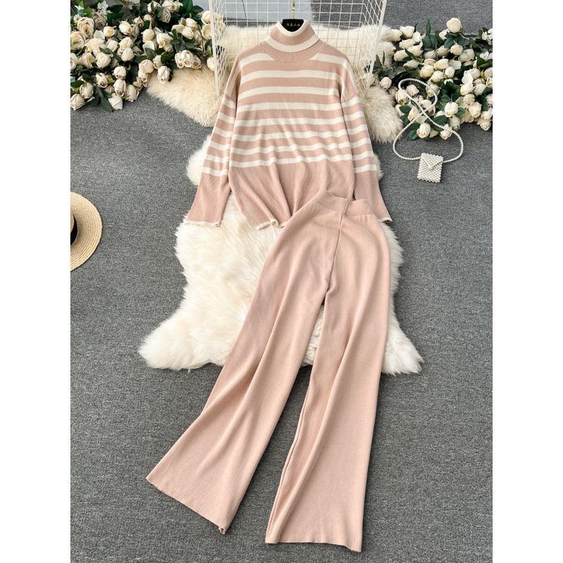 Idle Style Winter Clothing Matching Stripes Knitting Turtleneck Tops