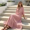 Casual Retro Dress Women Striped Long Sleeve Dress V-Neck Collar Maxi Shirt for Summer Autumn Breathable Loose Fit