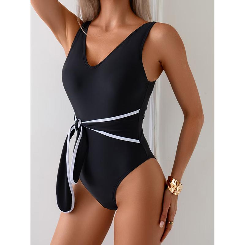 Bow Color Block Sports One Piece Swimwear V Neck Female Bathing Suits Women'S Triangle Bikini Monokini Swimsuit Beachwear