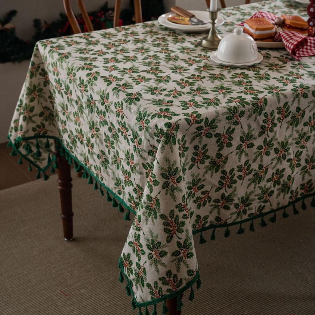 Tablecloth Christmas Holly Leaf Bronzing Berry Print Festive Table Cloth Cover Coffee Table Rectangle