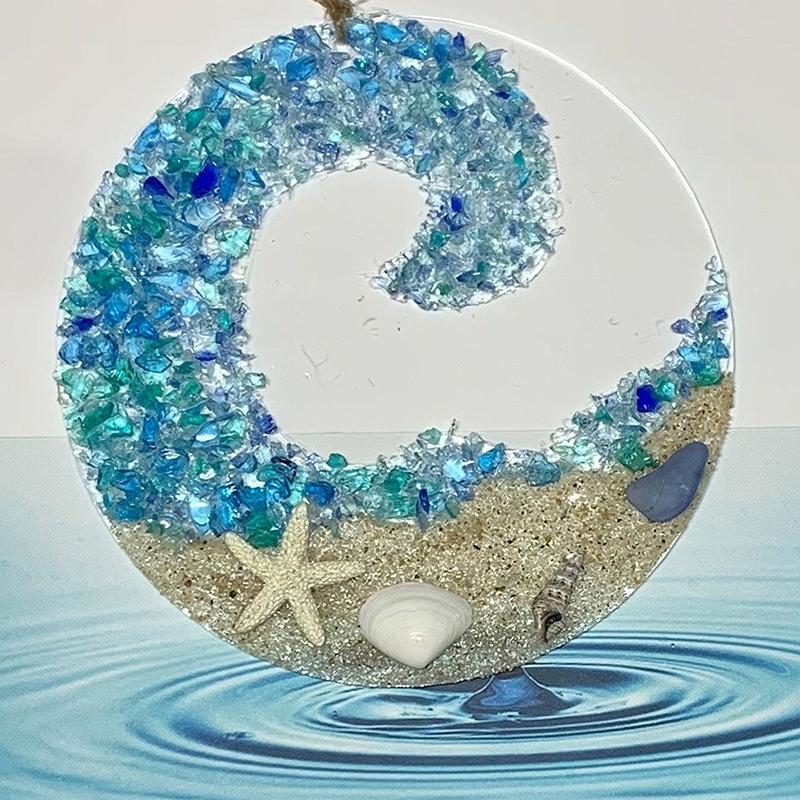 Sea Glass Sun Catcher Crashing Ocean Wave Beach Suncatcher For Window Beach Glass Suncatcher On Acrylic Circle Sea Glass Pieces A-S