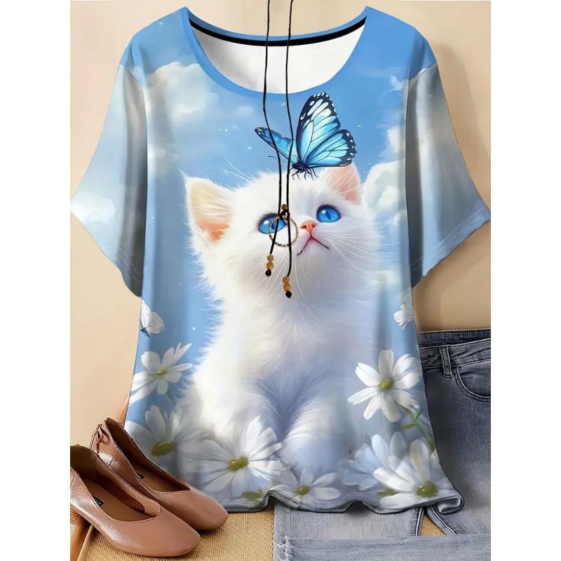 Fashion Women's Crew Neck Short Sleeve 3D Animal Color Printing Animal Short Sleeve Crew Neck T-Shirt