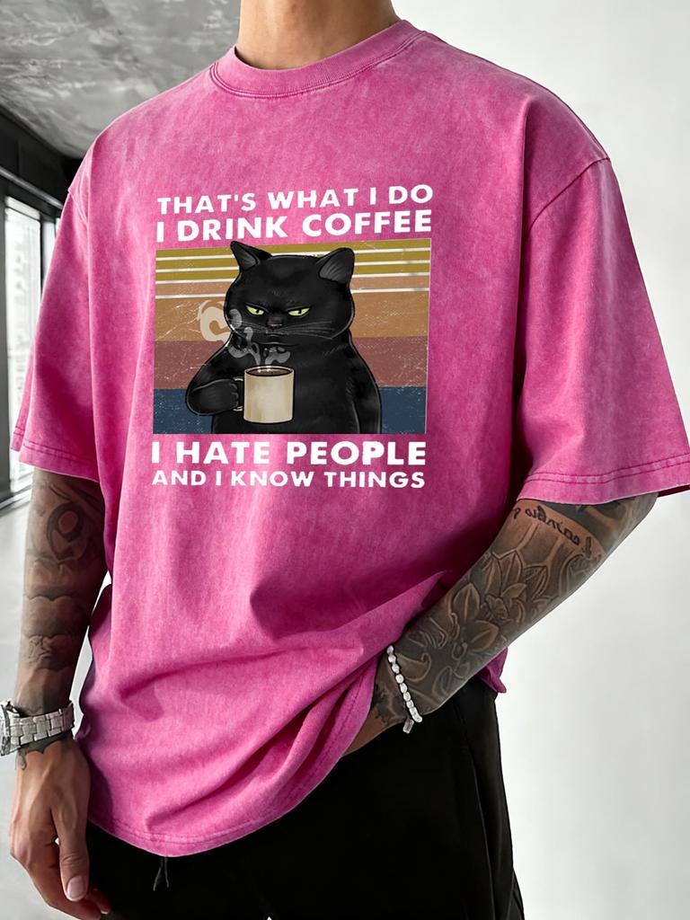 Cats Love To Drink Coffee Pattern Washed TShirts Men Oversized Casual T Shirt Sport Crewneck Tee Tops Cotton Summer Clothes