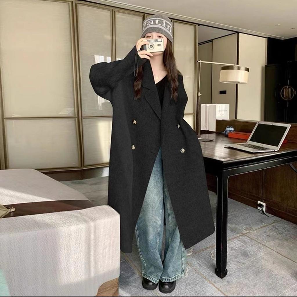Elegant Woolen Trench Coats Winter Women Vintage Windbreakers Jackets Mid-Length Loose Turn-Down Collar  Cardigans