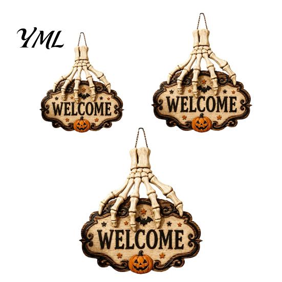 Placa de Loja Estilo Terror Mão de Esqueleto Porta Placa de Boas-Vindas, Decoração Padrão Abóbora Morcego de Halloween, Decoração de Madeira Antiga Desgastada Pendurada na Parede