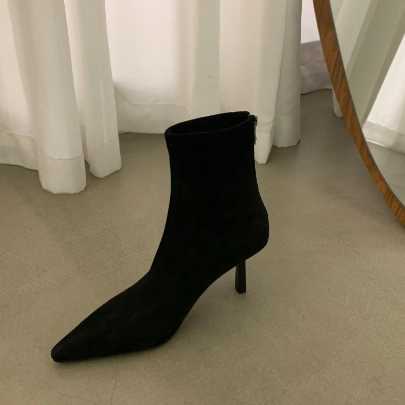 

Мода 2025 Новые Осенние Сапоги на Высоком Каблуке Стрейч Слим Женские Ботильоны Осенние Женские Элегантные С Острым Носком Короткие Ботас Женские Туфли 35 чёрный