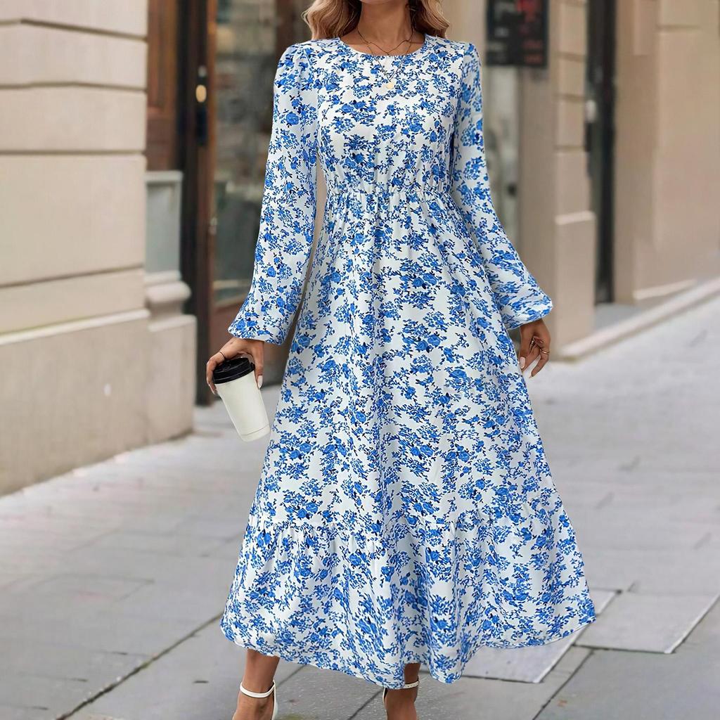 Damen Frühling Langarm Blumendruck O-Ausschnitt Kleid Sommer Lässig A-Linie Knöchellang Elastische Hohe Taille Lockere Kleider