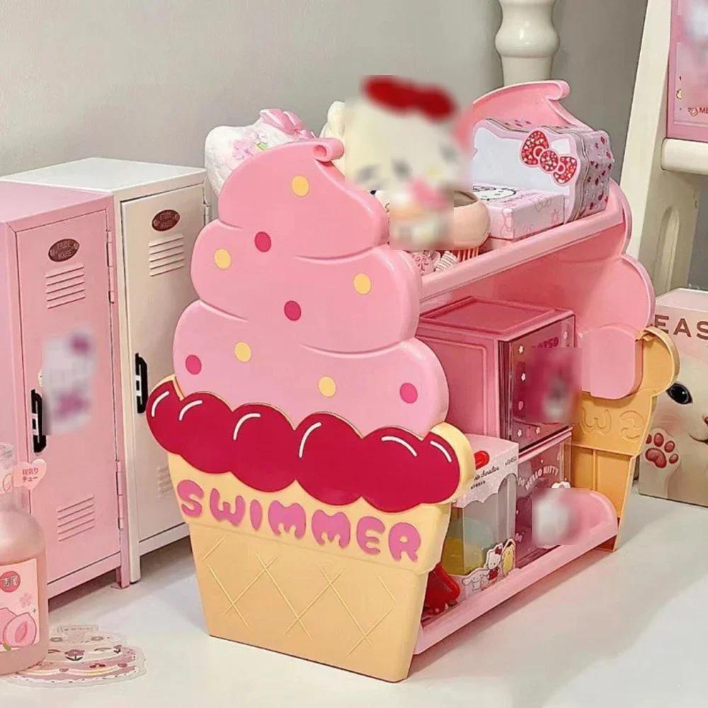 Double Layer Shelf Ice Cream Pink Girl Heart Desktop Ins Style Plastic Storage Rack Cute Student Bedroom Dormitory Storage Box