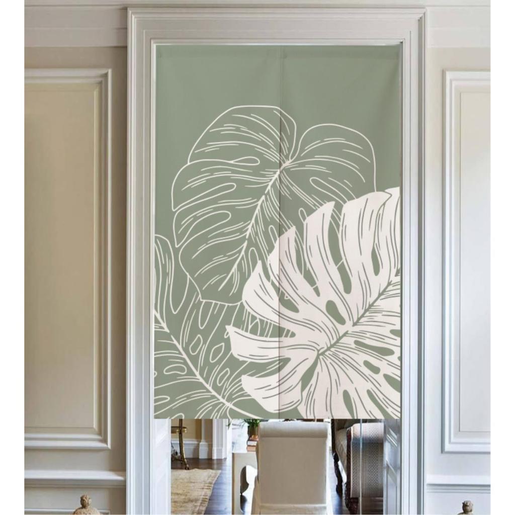 Dicker Noren-Vorhang mit Spannung Botanisches Grünes Blatt Privatsphäre Raum Einfacher Türdurchgang Natürlich Lang, Stange, 150x80cm, Muster, Sichtschutz, Raumteiler, Installation,