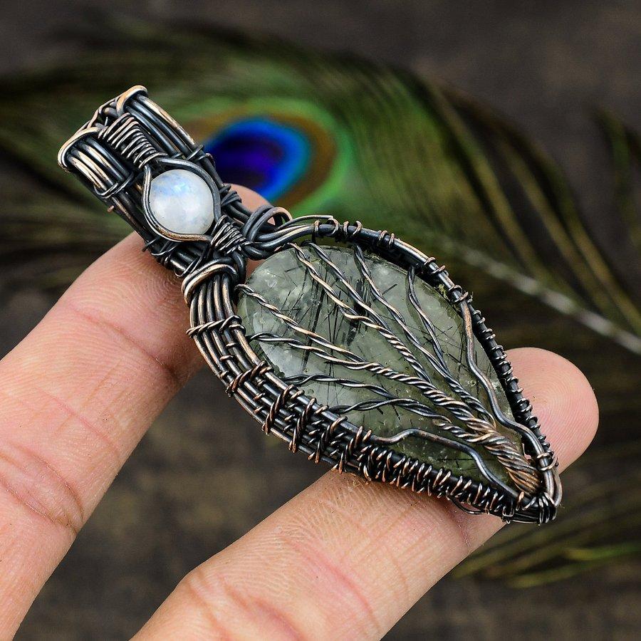 Prehnite, Moonstone Copper Wire Wrap Jewelry Pendant 2.99" I9c29