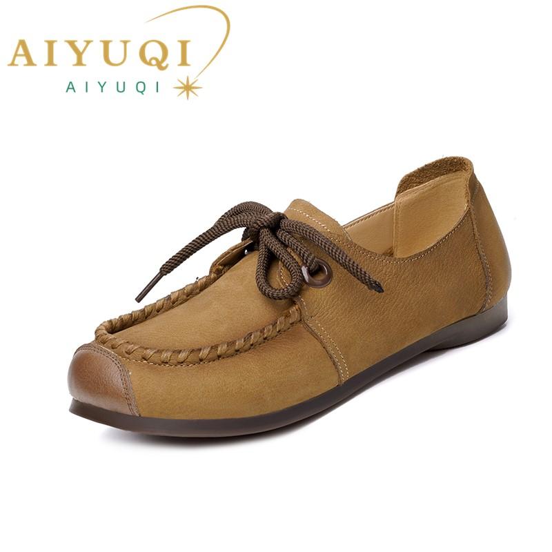 Fashion AIYUQI Women's Loafers Spring 2025 New Genuine Leather Casual Shoes Women Lace-Up Retro Flat Shoes Women