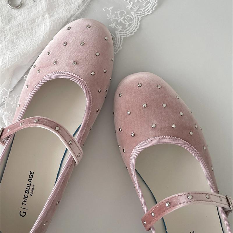 IPPEUM Women Ballet Flats Suede Round Toe Ballerinas Shoes Mujer Buckle Straps Mary Janes Shoes