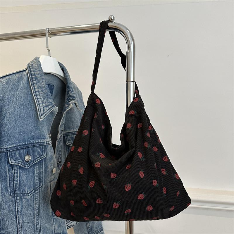 Corduroy Strawberry Print Tote Bag With Magnetic Closure For Daily Use
