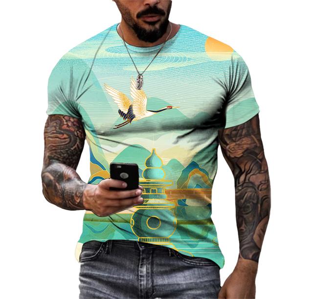 Piękne koszulki męskie z elementami chińskimi, casualowe, z nadrukiem HD 3D, wzorzyste, hip hopowe, Harajuku, z osobowością, z okrągłym dekoltem, z krótkim rękawem