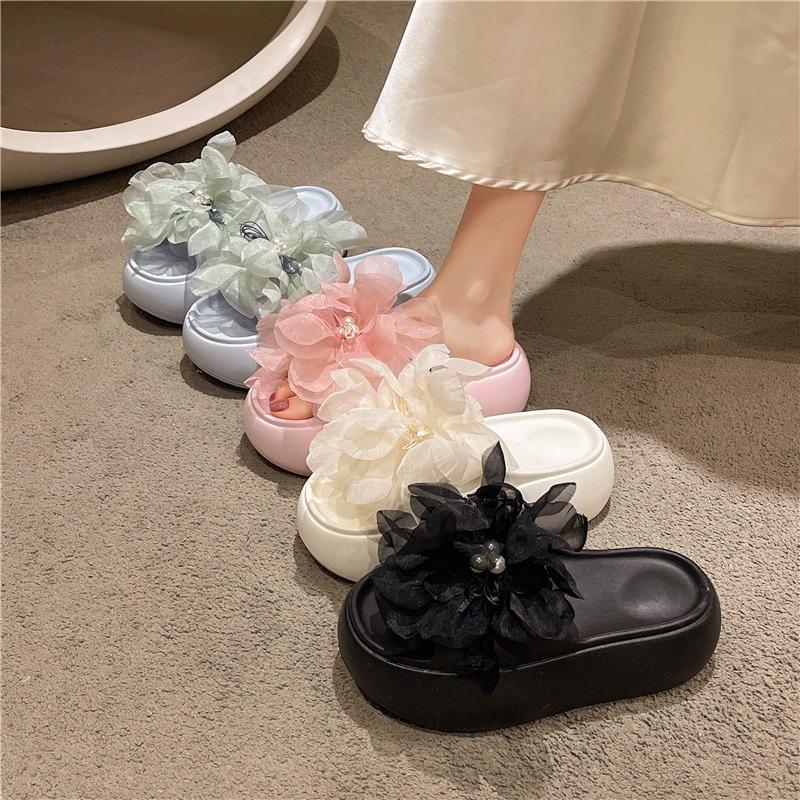 Fashion Comfort Platform Slides for Women Spring Summer Outdoor Beach Slippers Thick Bottom Slip on Sandals Lace Flower Decor Shoes