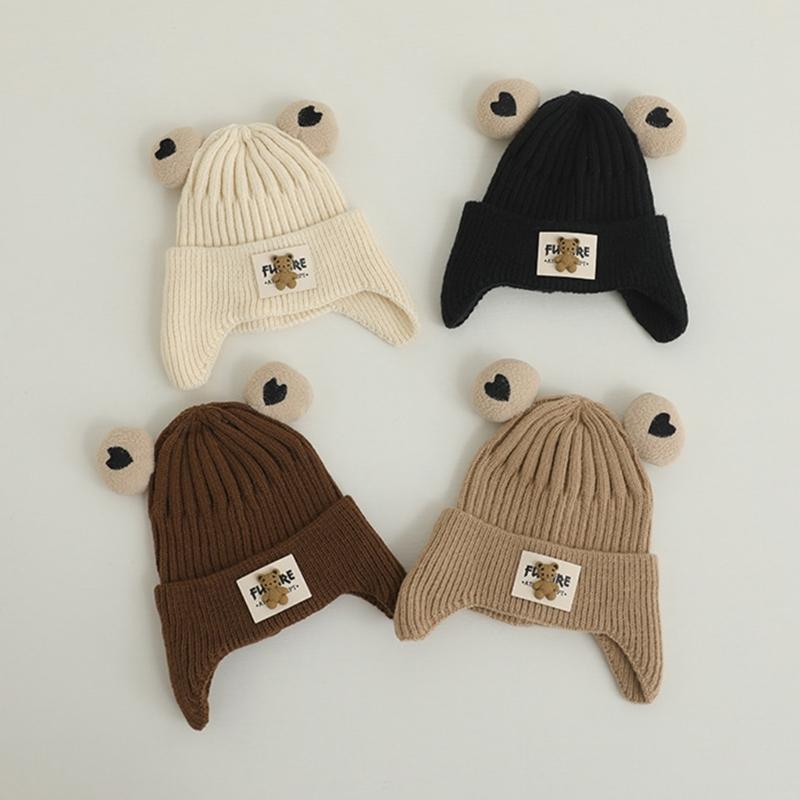 Autumn Warm Baby Knit Hat Cartoon Bear Ear Protections Benaie Cap Soft Knitted Hat Gift for Toddlers Boys and Girls