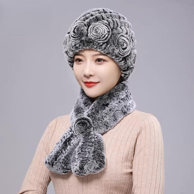 New Rex Rabbit Hair Hat Women's Winter Outdoor Scarf Set Warm Ear Protection Middle-aged and Elderly Fur Fashion