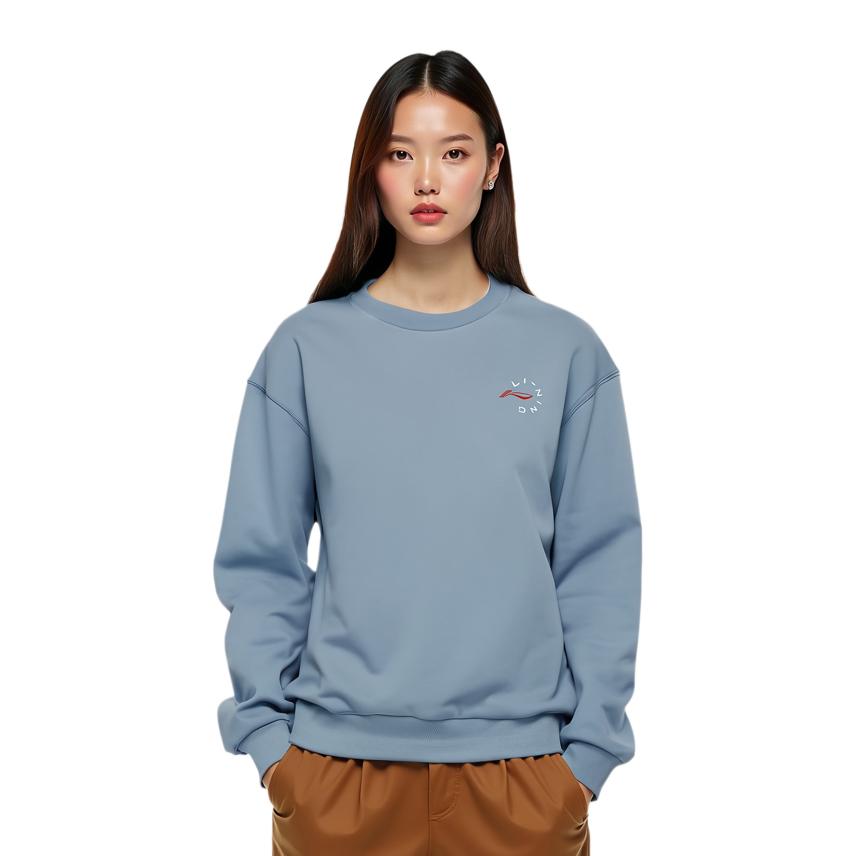 Li Ning Fitness Series Logo Print Solid Color Loose Round Neck Pullover Sweatshirt Women sweatshirt Mist-Blue AWDR874-7