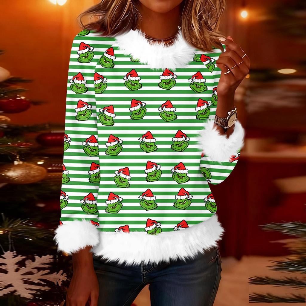 Women's Fashionable Christmas Printed Round Neck Long Sleeved Casual Pullover T-shirt Top