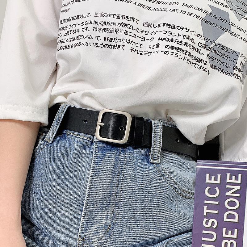 Korean Chic Retro Rectangular Silver Buckle Women's Wide Belt for Jeans