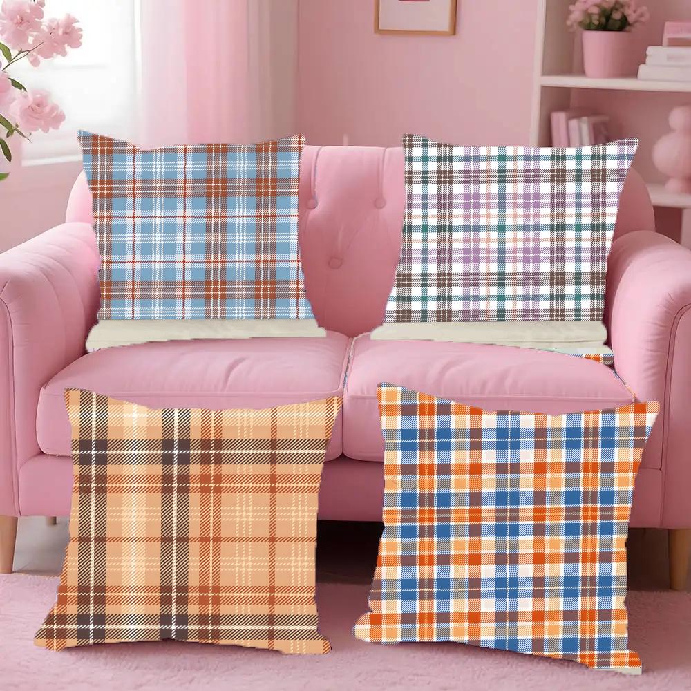 Fashionable Check Pattern Design Pillow Case Anti-Dustmite Pillowcase Invisible Zipper Silky Short Plush Sofa Cushion Cover