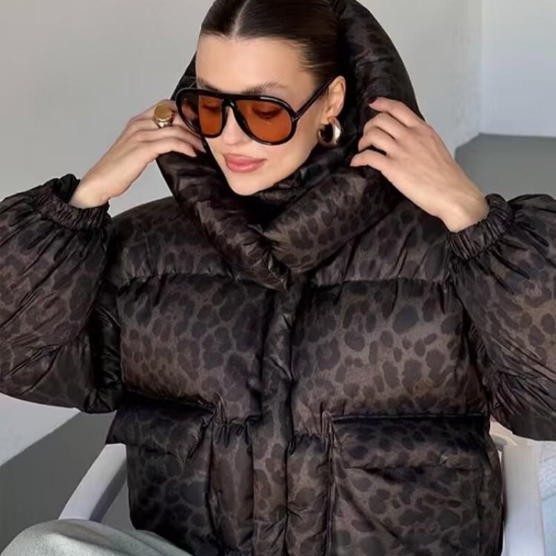 Womens Casual Loose Hooded Leopard Print Puffer Coat Winter Fashion Outerwear