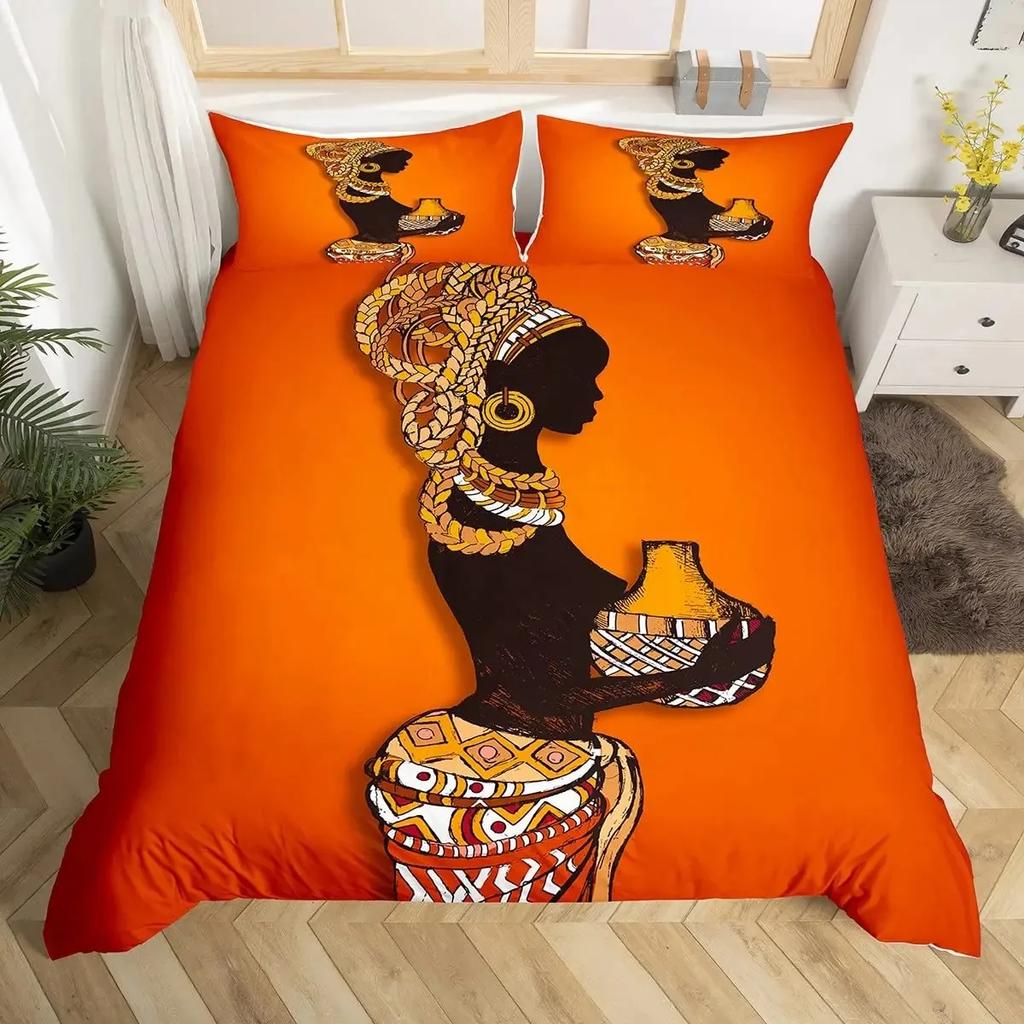 African Woman Duvet Cover Set Ethnic Afro Bedding Set African American Comforter Cover Orange Ancient Desert Bedspread