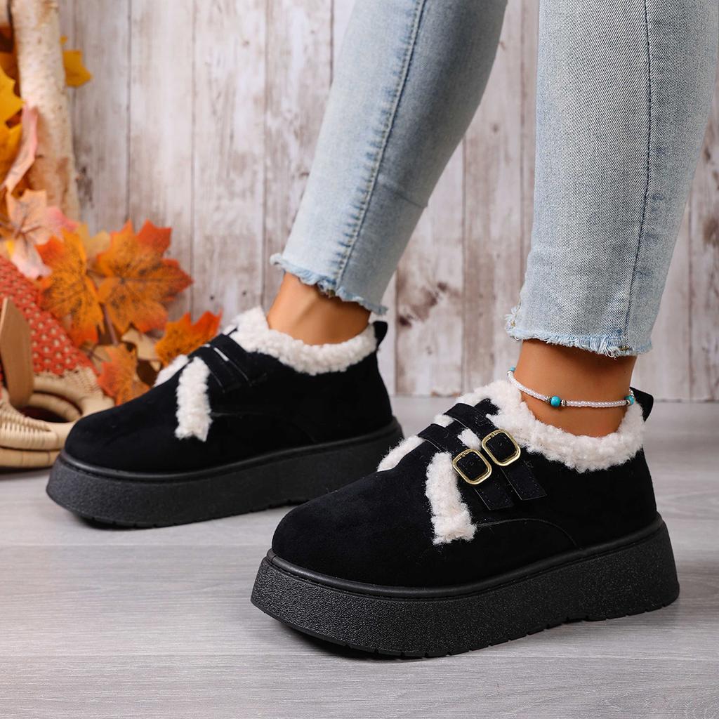 Modne buty casualowe z okrągłym noskiem, na grubej podeszwie, futrzane, damskie, 2025, zimowe, ciepłe, pluszowe śniegowce na platformie, z metalową klamrą, zamszowe botki do kostki