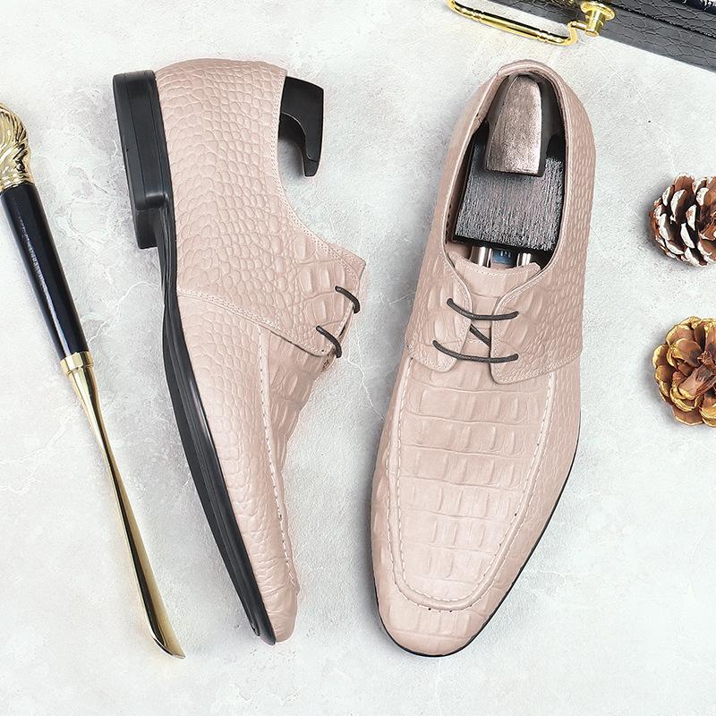 Elegantní pánské boty Derby z pravé kůže, béžový krokodýlí vzor, šněrovací, pánské kožené společenské boty, nadměrná velikost 38-46