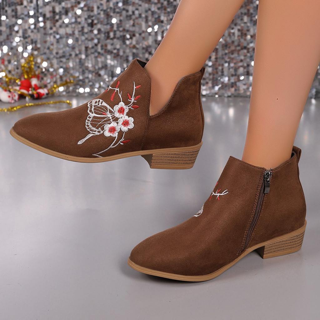 Embroidered Women's Boots Fall/Winter 2025 New Plus Size Round Toe Thick Heel Side Zipper Fashion Martin Boots