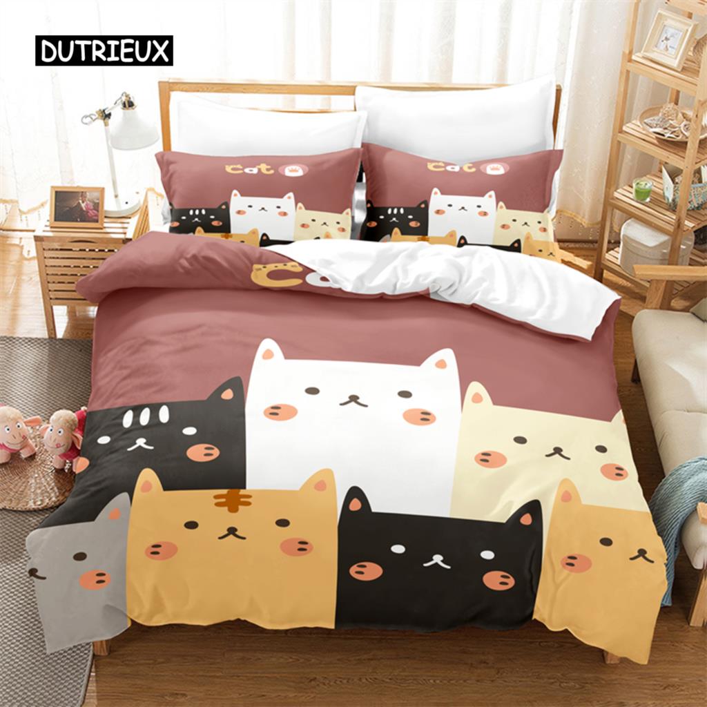 Kreslený dětský kočičí povlečení Sada povlaku na přikrývku 3D povlečení Digitální tisk Ložní prádlo Velikost Queen Sada povlečení Módní design