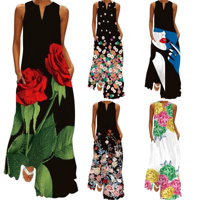 Vintage Women's Sleeveless Long Dress V-neck Printed Retro Dress