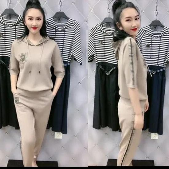 Summer Casual Hooded Set: Slimming Short-Sleeve Top & Long Pants for Middle-Aged Plus Size Women