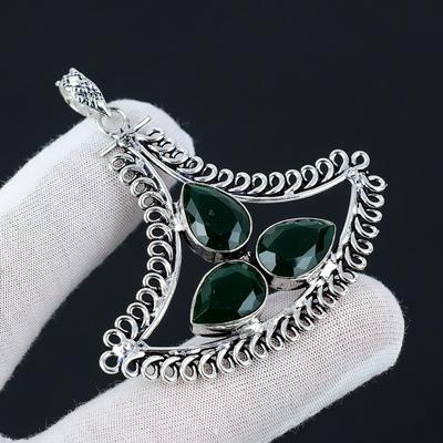 Smaragd Edelstein Top Qualität Edelstein Handgefertigter Anhänger 925 Sterling Silber Anhänger, Antik Silber Anhänger, Drei Stein Anhänger für Geschenke