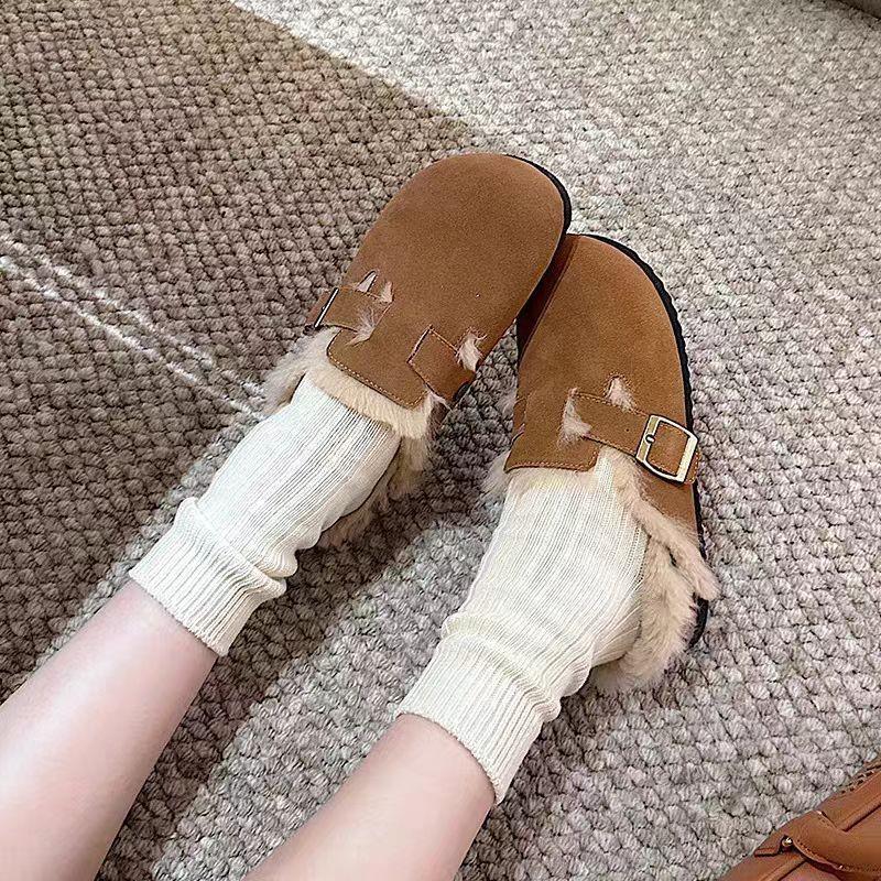 Women Suede Leather Round Toe Slippers Casual Fur Inside Warm Winter Flat Hees Sandals Woman Plush Slides Women Plus Size 42