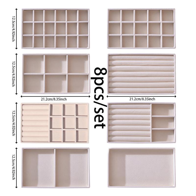 Flocking Jewelry Storage Box & Tray Set Space Saving 4/6/8Pcs for Organizing Rings Earrings Necklaces Vanity Drawer Use
