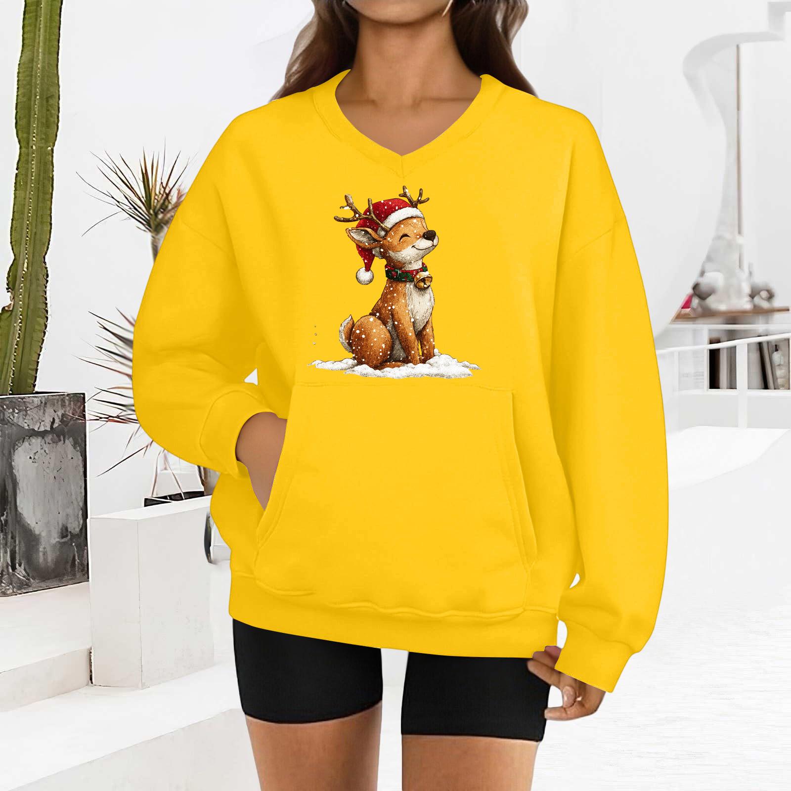 

Женский модный свитшот с длинными рукавами и V-образным вырезом с рождественским принтом XL жёлтый