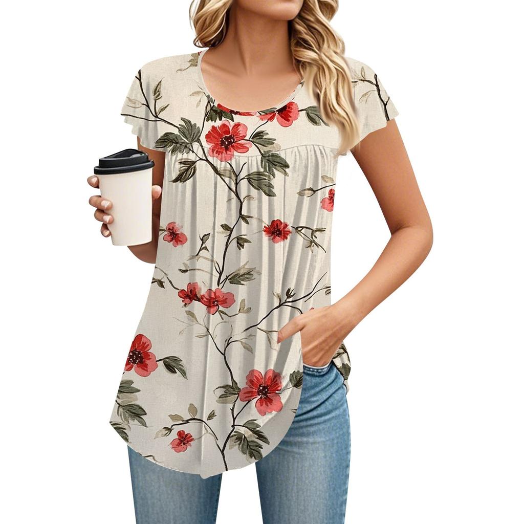 Women's Round Neck Short Sleeve Mid Length T-Shirt Loose Casual Short Sleeve T-Shirt Top