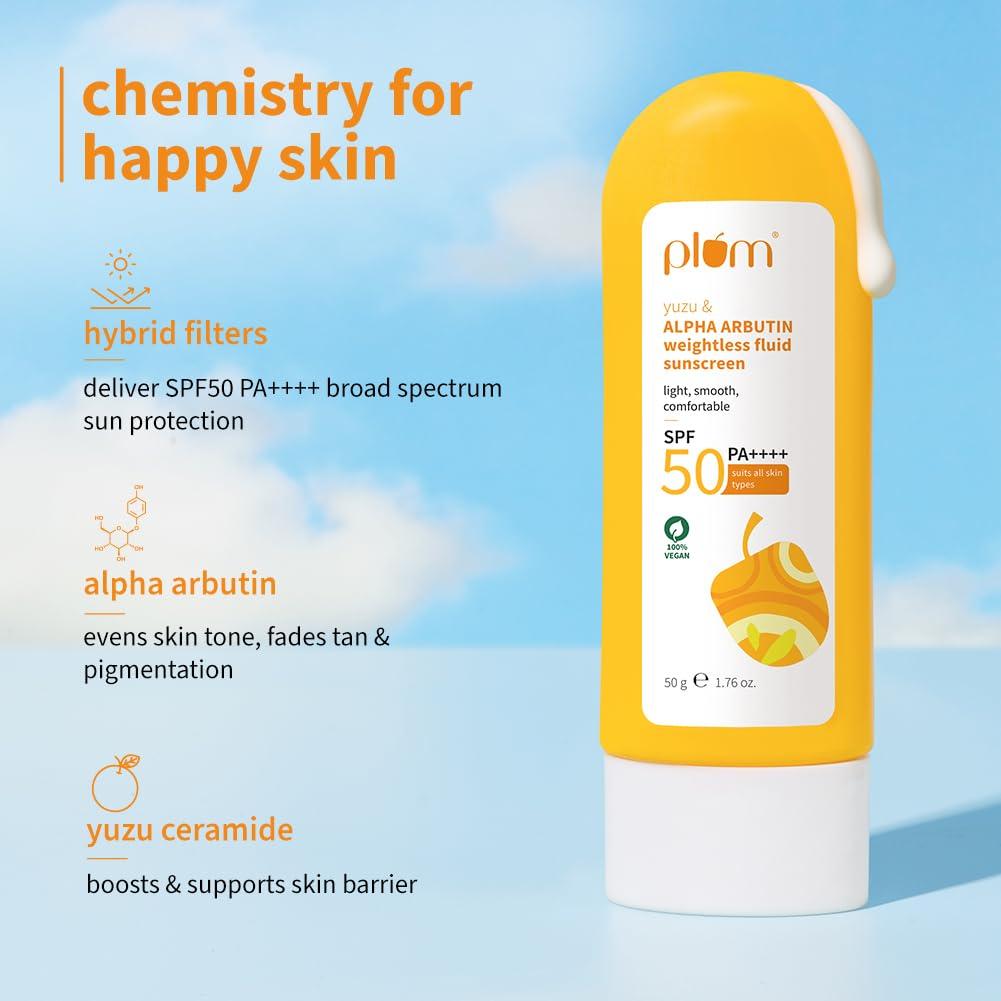 Plum Yuzu & Alpha Arbutin Fluid Sunscreen SPF 50 PA++++ 50g for All Skin Types Men & Women
