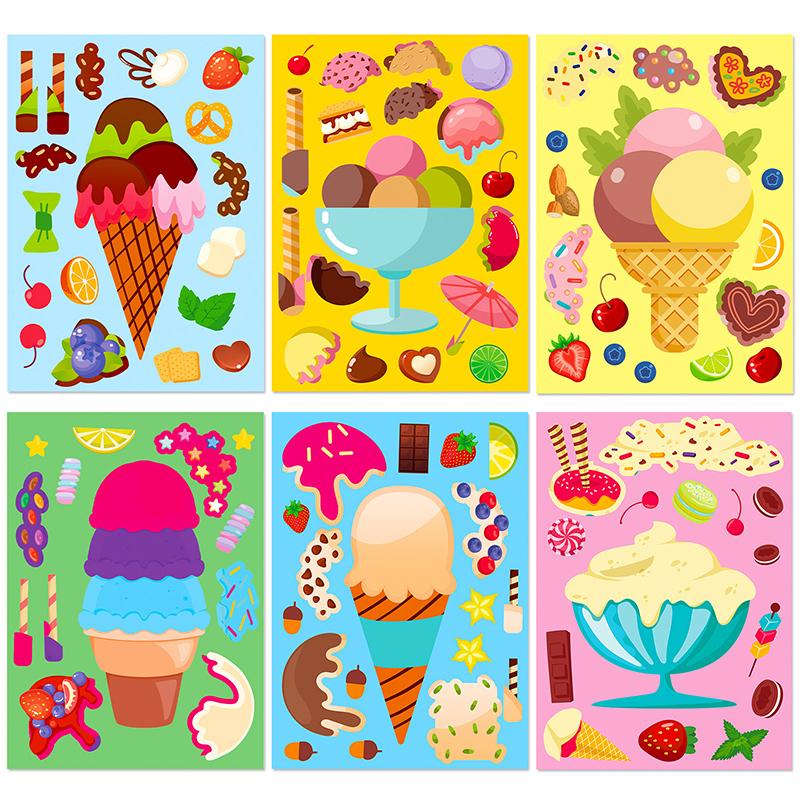 6Sheets/Lot Assorted Ice Cream Style Puzzle Stickers DIY Material Party Gift Goody Bag Filling Sticker Souvenir Game Rewards ZYF