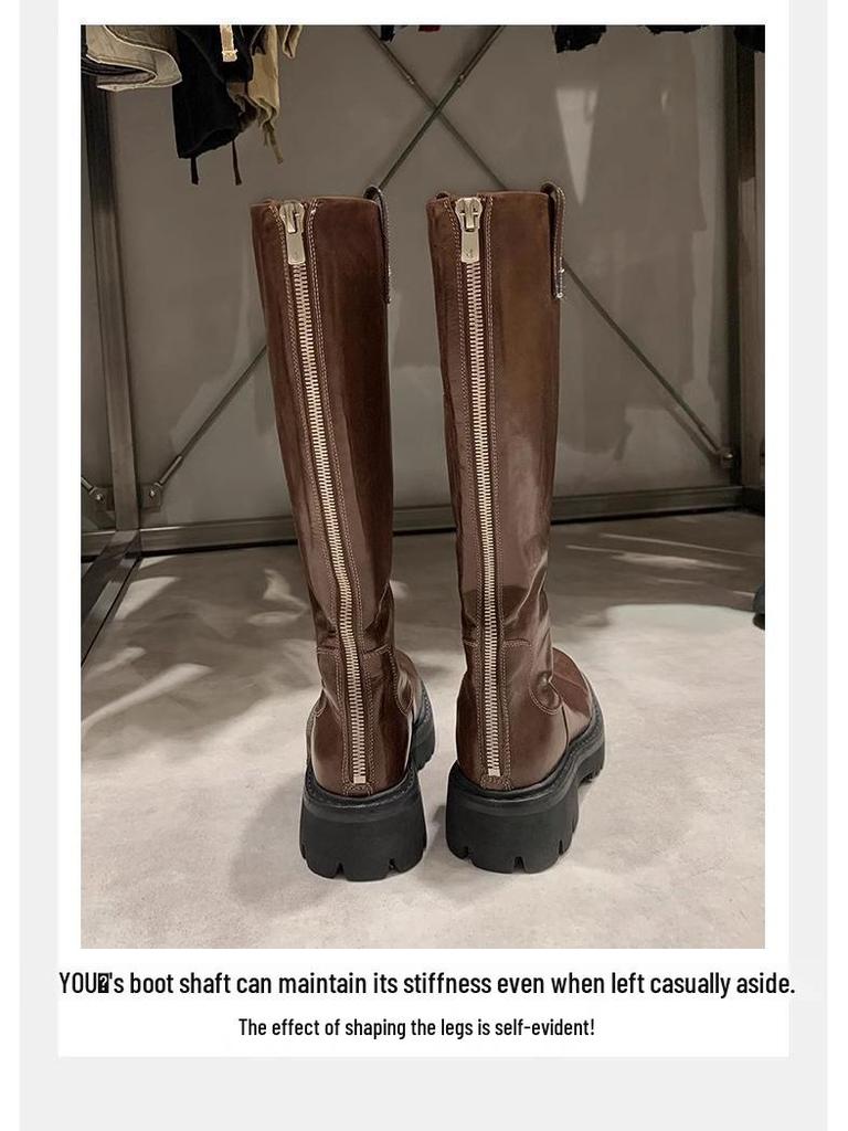 Introducing: Quick-Delivery Mom-Style Grape Boots – Wrinkled Horsehide, Round Toe, Thick Sole, Chunky Heel, Slimming Mid-Calf Knight Boots for Women.