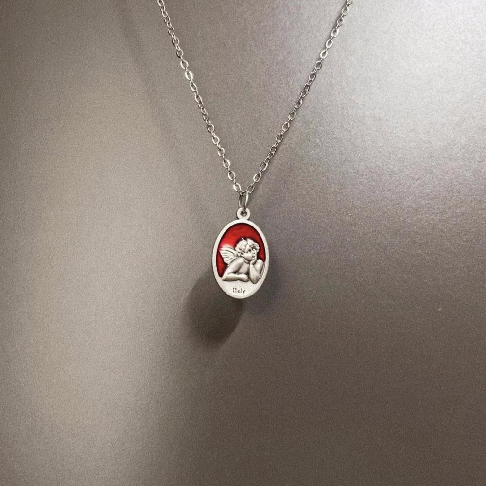 Exquisite Gothic Red Drip Glaze Sliver Color Geometry Oval Double-sided Angel Pendant Necklace for Women Jewelry Accessory Gifts