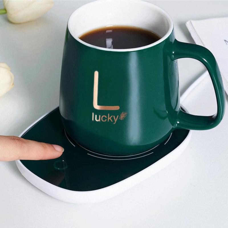1 Sæt 55℃ Termisk Keramik Kaffekop Bærbar USB Genopladelig Opvarmningskop Med Rustfrit Stål Ske Gavekit Til Rejse Kontor Gave